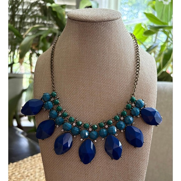 Jewelry - J.Crew Blue & Green Faceted Cabochon Bib Statement Necklace, Antique Gold Tone
